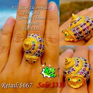 925 Sterling Silver Ring w/ Green & Red Garnets. Size 8.5